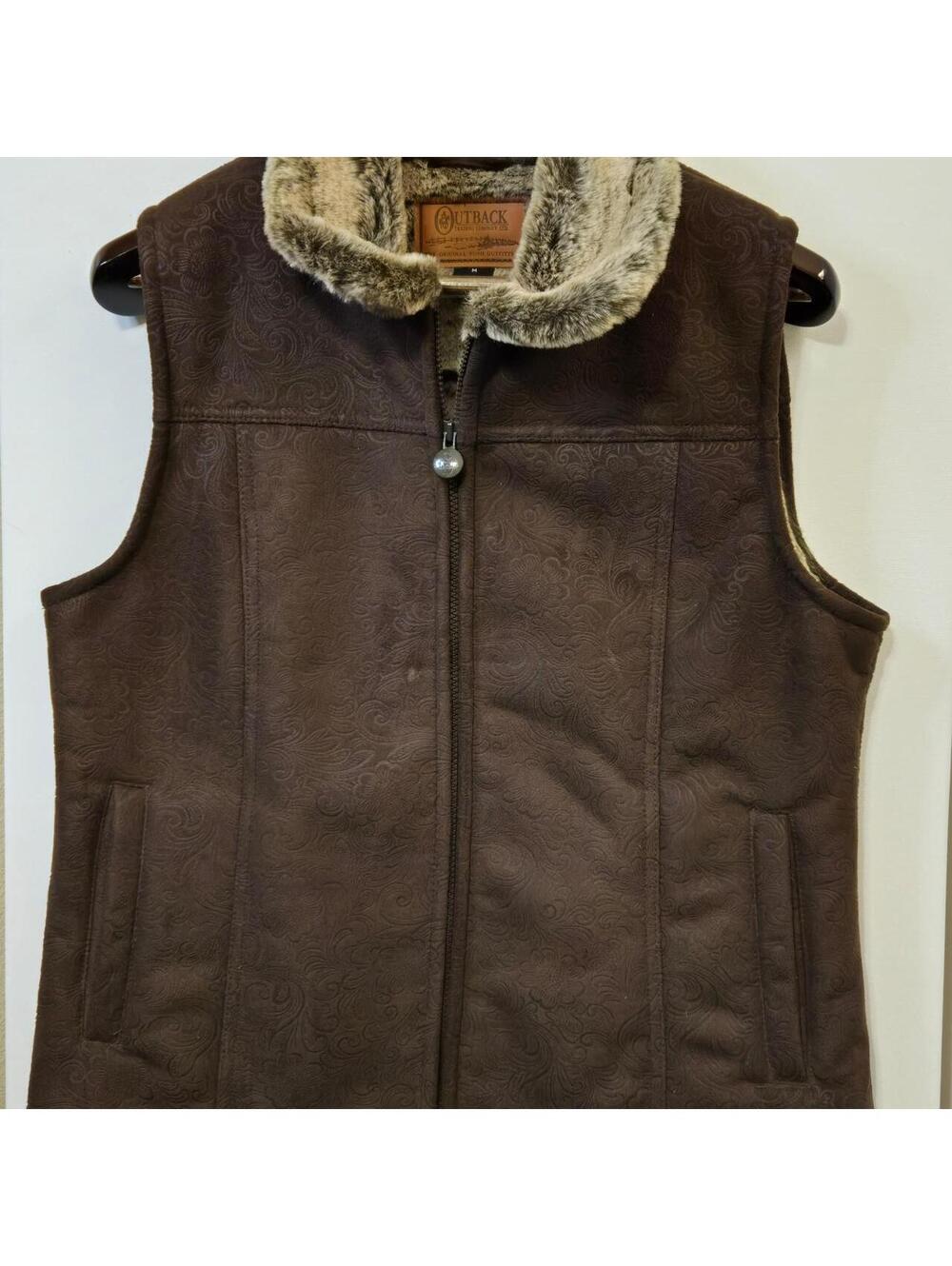 Outback Trading Co. Western Tooled Floral Vest with Faux Fur Collar
